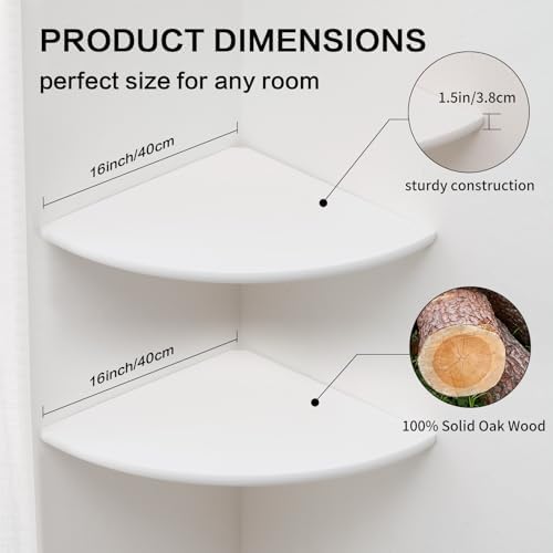 Corner Wall Shelves, White Floating Corner Shelf, Set of 2 16inch Solid Oak Wood Shelves, Round End Wall Mount Display Shelf with Wire Hole for Small Plant for Bedroom Kitchen, Living Room