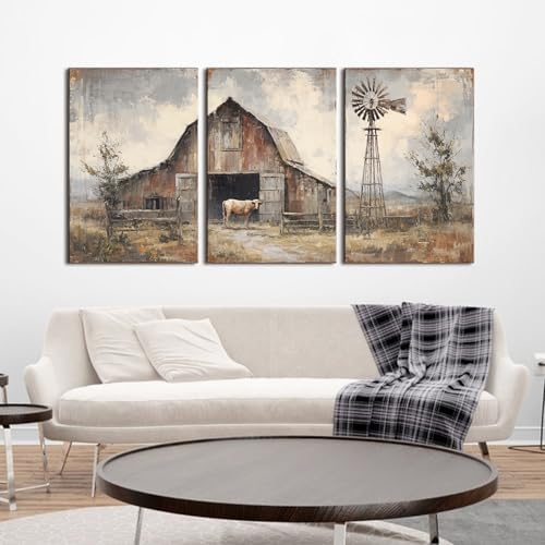 Rustic Farmhouse Wall Art Vintage Windmill Wilderness Canvas Painting for Living Room Nature Village Scenery Canvas Artwork Farm Cow Paintings Wall Decor for Kitchen Office Home Decorations 24x36"