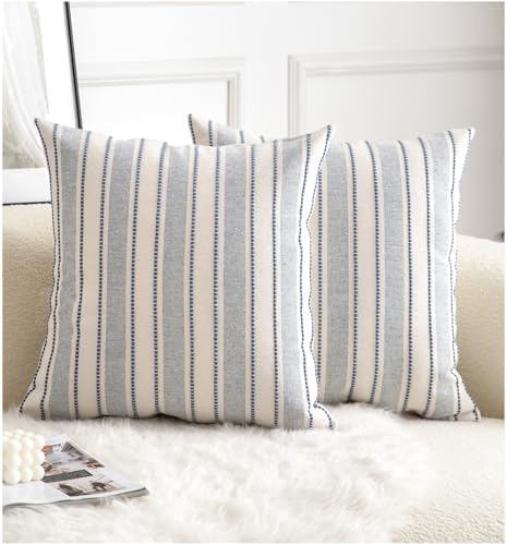 Cethom Decorative Boho Throw Pillow Covers, Farmhouse Textured Pillow Case, 22 x 22 Inch Set of 2, Chair Sofa Bedroom Living Room Home Decor Couch Cushion Case, Classic Blue and Beige Striped