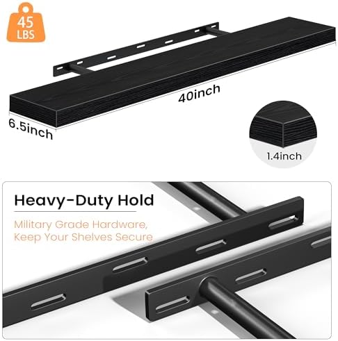 40 Inch Floating Shelves for Wall, Rustic Wood Wall Mounted Deep Storage Shelves with Invisible Brackets, Long Decorative Display Ledge for Living Room Bedroom Bathroom and Kitchen, Set of 2, Black