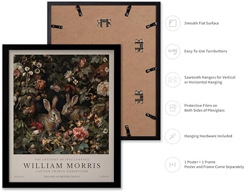 Monem Art William Morris Poster - Bunny Couple & Botanical Print - Exhibition Art - Farmhouse Decor - Aesthetic Living Room Decor - 11x14 Black Framed
