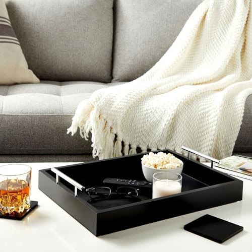 Juvale Wooden Serving Tray - 15.7 x 11.8 x 3.1 in, Black Rustic, Includes 2 Coasters - Decorative Tray with Interchangeable Gold & Silver Handles - Sofa & Ottoman Use, Coffee Table Decor