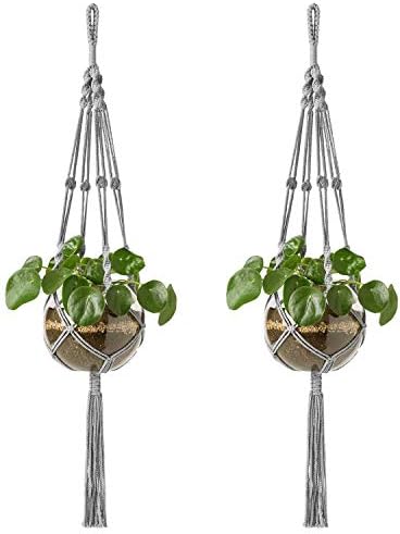 Mkono Macrame Plant Hangers Indoor Outdoor Hanging Planter Basket Cotton Rope 4 Legs 41 Inch, 2 Pack, Grey