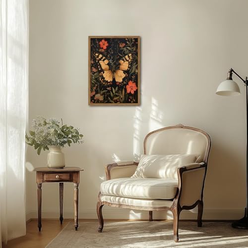 Dark Vintage Butterfly Wall Art,Butterfly Botanical Nature Pictures Wall Decor Flower Prints, Gothic Canvas Prints for Living Room Bedroom Office 16x24 inch Framed