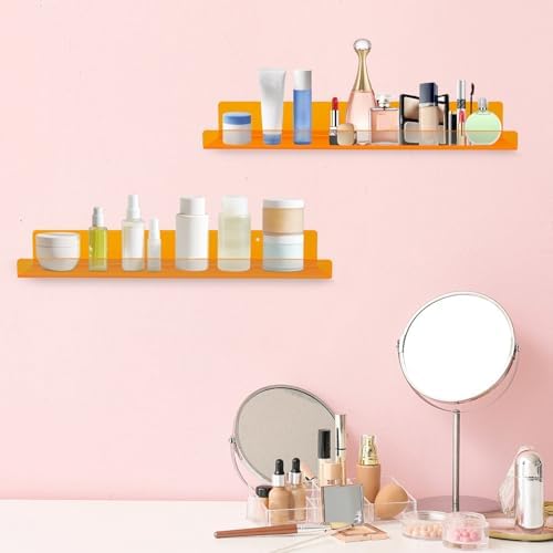 Dezzer 4 Pack Acrylic Shelves for Wall, 15" Acrylic Floating Shelves for Bathroom Bedroom, Invisible Bookshelf Wall Ledge Storage Shelf Books Perfume Toys Action Figure Display Shelves, Clear Orange