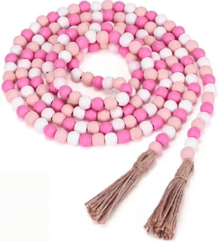 Equsion Rustic Wood Bead Garland with Tassel Farmhouse,Pink
