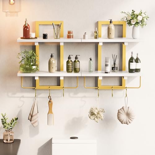 Creso hom Wood Floating Shelf with 6 Hooks, 15" Bathroom Shelves Set of 2
