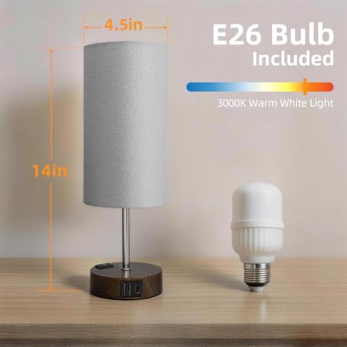 Table Lamp, Dimmable Touch, AC Outlet, USB A+C (Grey&Walnut)