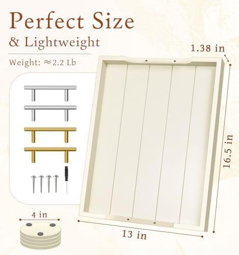SXNOWS Wooden Serving Tray with 2 Sets of Handles,Cream