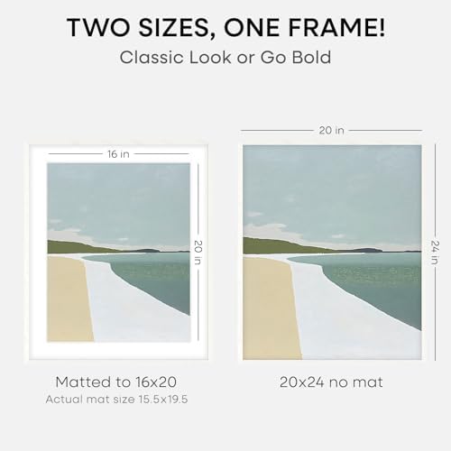 Homeforia 20x24 White Oak Picture Frame, High-End Wood, 16x20 Mat, Glass