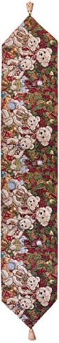 Violet Linen Decorative Christmas Teddy Bears Design Tapestry, 13" X 70" Table Runner