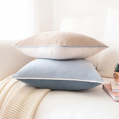 MONDAY MOOSE Decorative Throw Pillow Covers Cushion Cases, Set of 2 Soft Velvet Modern Double-Sided Designs, Mix and Match for Home Decor, Pillow Inserts Not Included (20x20 inch, Beige/Light Blue)