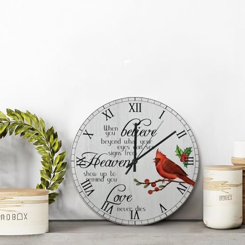 Cardinal Red Birds Wall Clock Love Never Dies 15 Inch Round Wall Clocks Battery Operated Silent Christmas Wall Decor Home Decor for Living Room Kitchen Bedroom Office