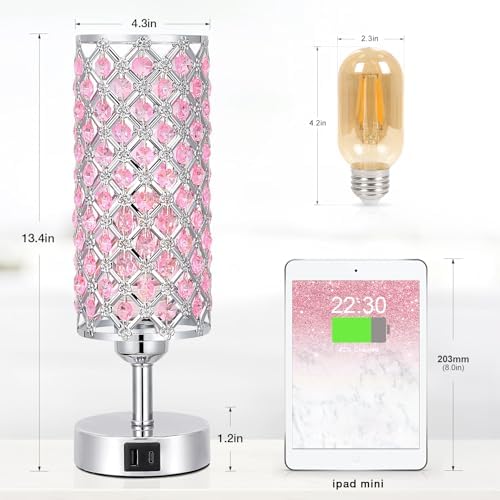 Hong-in Pink Crystal Touch Lamp with USB C+A, 3-Way Dimmable Bedside Lamp