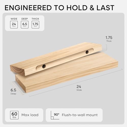 Homeforia 24 Inch Floating Shelves, High-End Solid Pine Wood, Set of 3