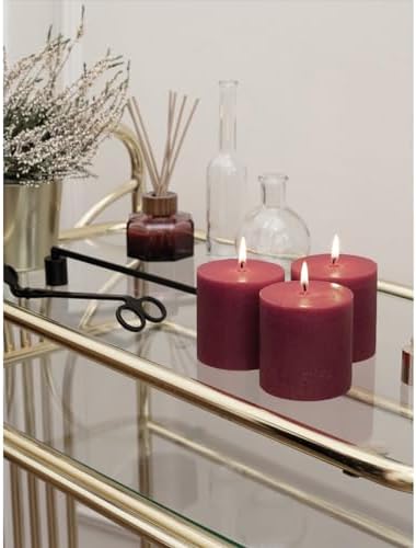 CANDWAX 3x3 Pillar Candles Set of 3 - Rustic Unscented No Drip Burgundy Candles for Home Decor, Weddings, Centerpieces