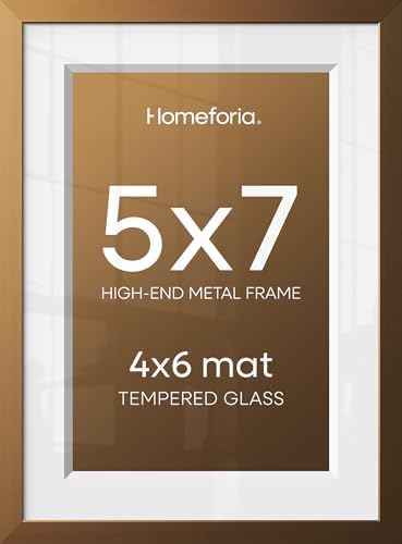 Homeforia 5x7 Bronze Picture Frame, High-End Metal, 4x6 Mat, Glass
