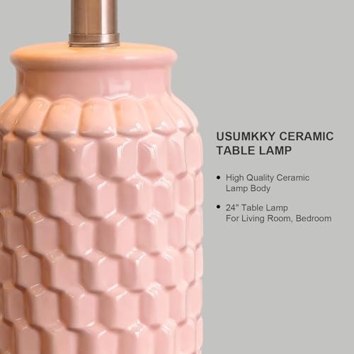 USumkky 24" Modern Ceramic Pink Bedside Lamp Set of 2 Table Lamp for Bedroom Decor Farmhouse Table Lamp for Living Room Office Dorm