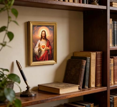 Vintage Gold Framed Jesus Wall Art Sacred Heart of Jesus Christian Canvas Prints Divine Mercy Picture Christ God Portrait Religious Beliefs Painting Poster Artwork for Living Room Bedroom Church