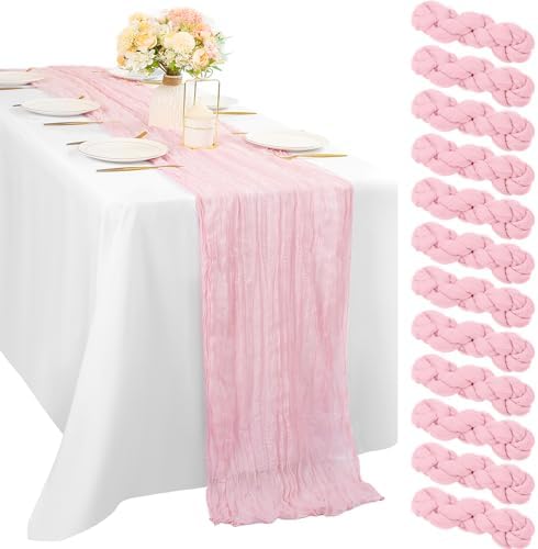 Light Pink 12 Pcs Cheesecloth Table Runner 10FT Runner for Tables Gauze Fabric 35 x 120 Inches Long Boho Table Runner Decoration Rustic Sheer Runner for Wedding Birthday Baby Shower Party (Light Pink)