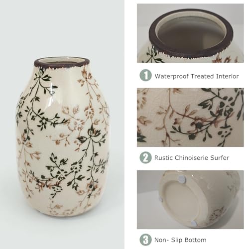 LIFFY Ceramic Vase Green and Beige Vintage Home Decor, Chinoiserie Floral Vase, Rustic Ceramic Large Vases for Home Decors, Living Room, Bookshelf, Office, Chinoiserie Decors, Tuscan Decor 7.5 Inch