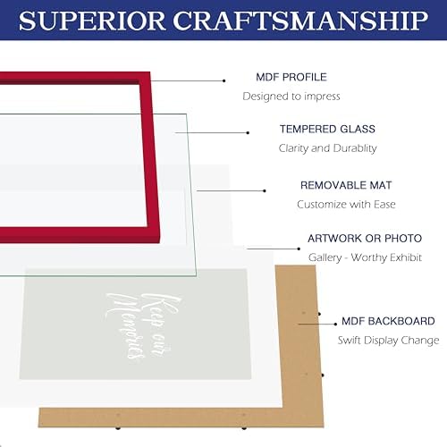 An&He 8.5x11 Picture Frame, Wooden Frame with Tempered Glass for Wall Mount or Desk Display, Home & Office Use – Red