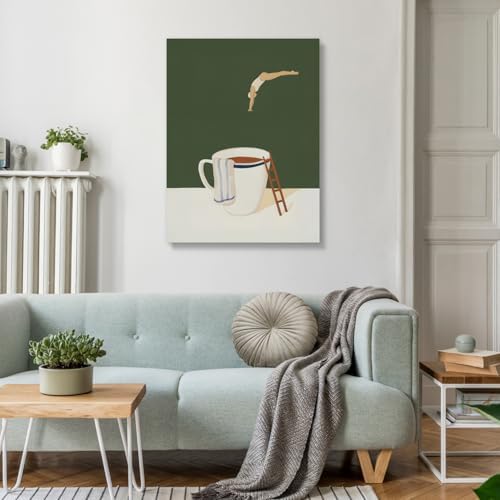 Cyebmo Modern Coffee Wall Art, Funny Diver Wall Decor, Vintage Kitchen Wall Decor, Minimalist Cafe Wrapped Canvas Painting, Green Abstract Espresso Artwork for Kitchen Cafe Coffee Bar 12x16 Inch