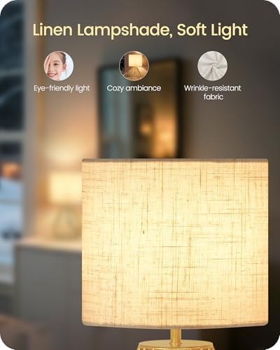 Gold Table Lamp, 12.6'' Small Table Lamp with Beige Linen Lampshade & Gold Cage Base, Modern Little Cute Desk Lamp, Bedside Lamp for Bedroom, Living Room, 2700K LED Bulb Included, DE06TL05