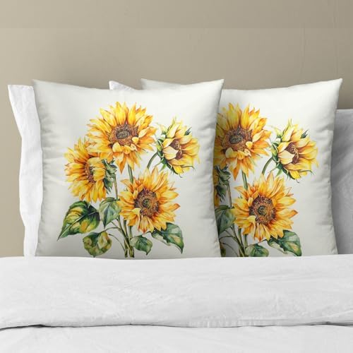 Watercolor Sunflower Throw Pillow Covers 16x16 Inch Set of 2 Floral Spring Summer Pillow Case Yellow Flowers Vintage Pillowcases Farmhouse Rustic Seasonal Cushion Cases for Home Couch Sofa