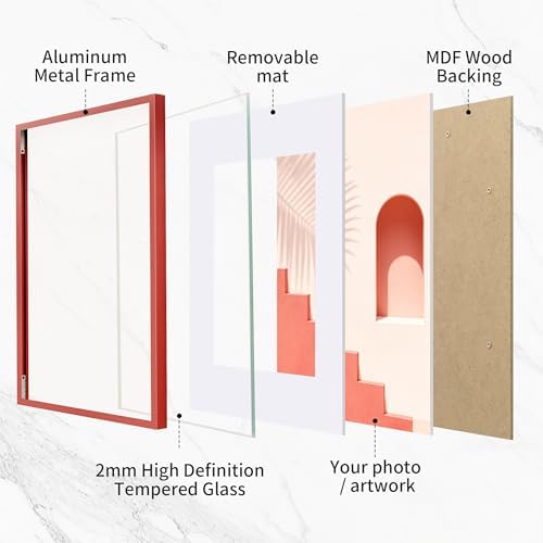 Fun Memories 16x20 Metal Picture Frame with 11x14 Mat, Brushed Aluminum Finish, Tempered Glass Front, and Attached Hanging Hardware(Red, Pack of 1)