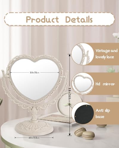 XPXKJ 7 Inch Vintage Heart Mirror - Elegant Desk Makeup Mirror with Double Sided 360 Degree Rotation Vanity Mirror for Coquette Room Decor