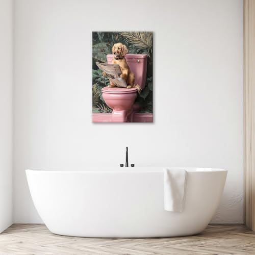 Crekviy Funny Golden Retriever Bathroom Decor Wall Art Dog Sitting on Toilet Pictures Cute Puppy Canvas Prints Painting Animal Restroom Artwork Home Decorations Framed Dog Gifts 16"x24"