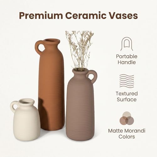 Set of 3 Matte Ceramic Vases with Handles, Textured Vases in Different Heights, Boho Farmhouse Decor for Dried Pampas Grass & Flowers, Modern Nordic Style Centerpiece