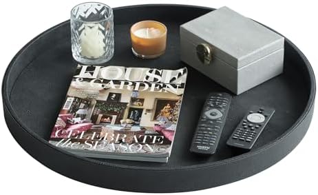 HofferRuffer Large Round Serving Tray 24'', Elegant Faux Leather Circle Ottoman Table Tray, Serve Tea Coffee Breakfast in Bedroom Living Room Kitchen (Classic Black)