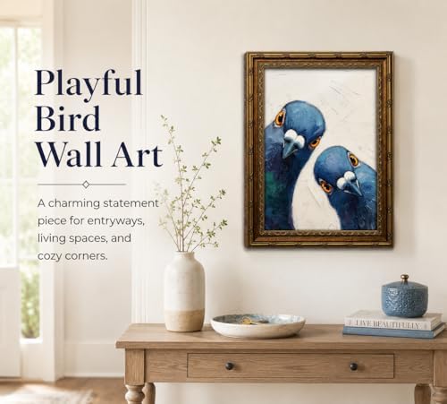 CXKAWM Vintage Gold Framed Whimsical Pigeon Canvas Wall Art 9x11in | Funny Blue Bird Wall Decor Picture Modern Animal Poster Print for Living Room Dining Room Home Decoration