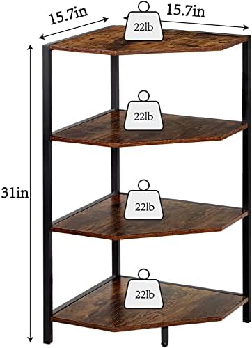 VECELO 31 Inch Corner Shelf, 4-Tier Display Shelves, Wood Storage Stand with Metal Frame, Multipurpose Shelving Unit for Small Space, Home Office,Antique Brown