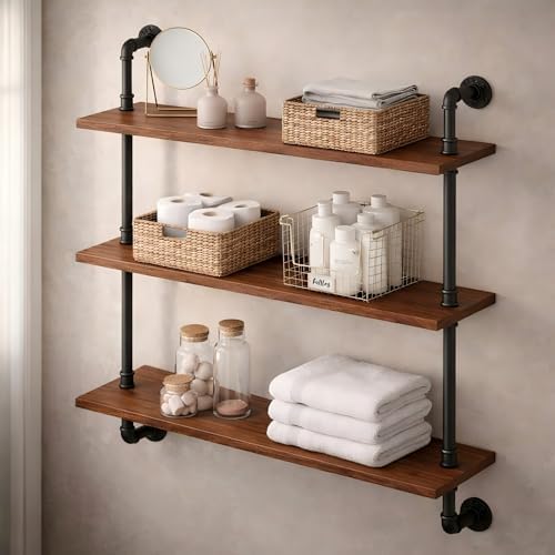 3-Tier Industrial Pipe Floating Shelf – Rustic 30 inch Wood Wall-Mounted Storage Shelf for Kitchen Office,Bathroom & Home Decor -Walnut