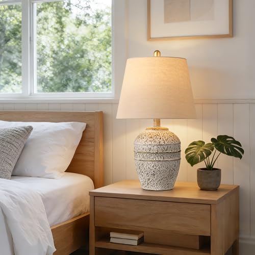 Farmhouse Ceramic Table Lamp, Natural Distressed Earth Tone Finish, Grey