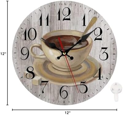 LOKMU Silent Non Ticking Clock 12 Inch, Round Wall Clock,Decorative for Living Room, Kitchen, Home,Bathroom, Bedroom, Office or School, Coffee Cup on Wooden