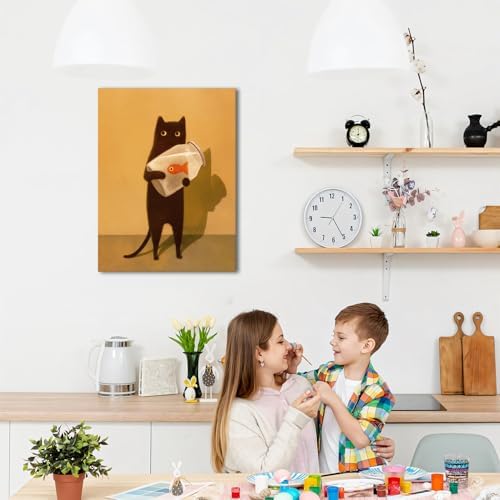 Funny Black Cat Wall Art, Abstract Black Cat and Fish Canvas Poster Print Picture, Cute Animal Wall Decor, Perfect for Cat Lovers for Bathroom Living Room Bedroom Kids Room 12x16in Framed