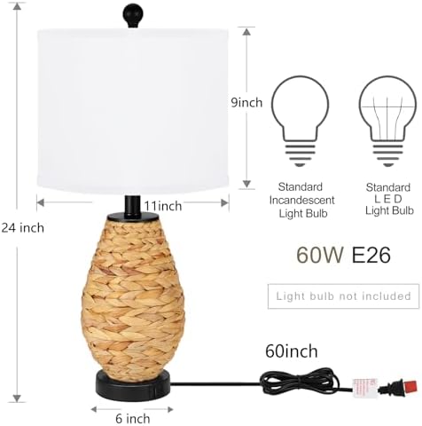 Coastal Table Lamps Set of 2, Retro Natural Seagrass Rattan Woven 24" Bedside Lamp, for Bedroom Living Room Home Nightstand Table Lamp(with USB C+A 5V 2.1A Charging Ports)