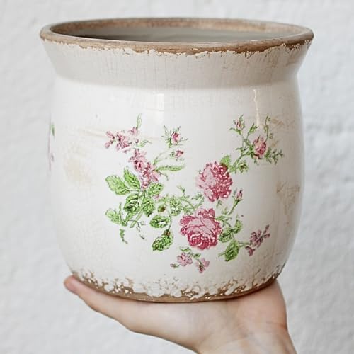 Xiaan Jiaju Cottage Ceramic Pots for Plants, 6.21 Inch Vintage Shabby Chic Planters for Indoor Plants, French Country Spring Balcony & House Decor, Pink Floral Vases for Centerpieces, Gardening Gifts