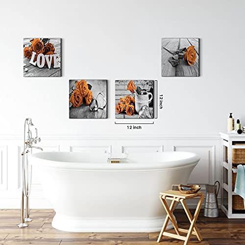 Black and White Bedroom Wall Decor Orange Rose Canvas Prints Art Aesthetic Flower Painting Picture 4 Pcs Sets Accessories Gray Wood Grain Mordern Valentines Office Bathroom Artwork Girls Gift 8 x 8"