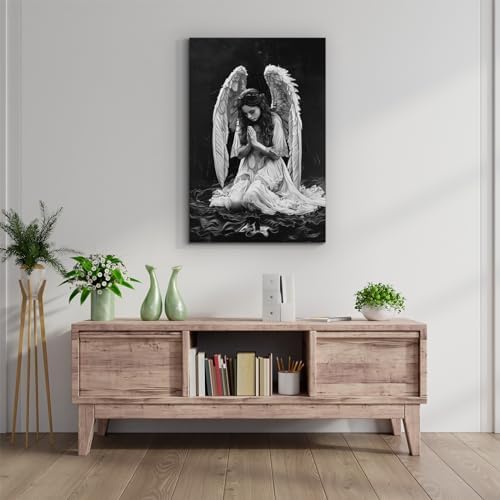YONICA White Angel Wings Canvas Wall Art Modern Black and White Pictures Praying Woman Wall Art Dark Abstract Angel Painting Aesthetic Woman Artwork 24"x36"(60x90cm)
