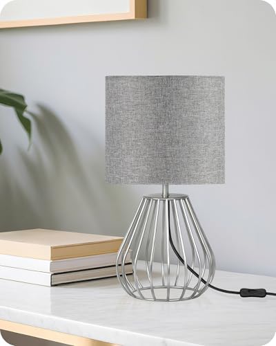 Small Table Lamp, Bedside Lamp with Gray Linen Lampshade & Silver Metal Base, Modern Nightstand Lamp, Little Cute Desk Lamp for Bedroom, Living Room, 2700K LED Bulb Included, SH06TL05
