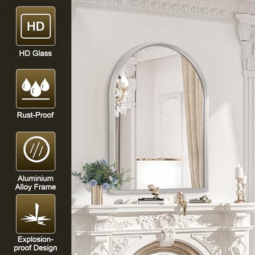 Arched Wall Mirror, 26"x18" Silver Arch Mirror, Metal Frame Bathroom Mirrors, Arched Vanity Mirror for Living Room Bedroom Mantel Entryway
