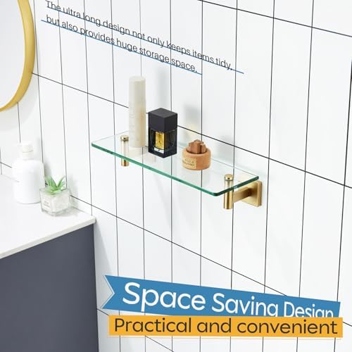 KOKOSIRI Wall Shelves Floating Shelf 16'' Gold Stainless Steel Bathroom Hardware Tempered Glass Hanging Rack Storage/Room Decor 2 Pack B1105BG-L16-P2