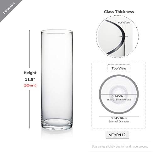 WGVI Quality Thick Weighted Clear Cylinder Glass Vases, 4" W x 12" H, Flower Arrangement Floating Candle Holders Wedding Centerpiece Terrarium Planter Floral Storage Container, Bulk Wholesale, 12 Pcs