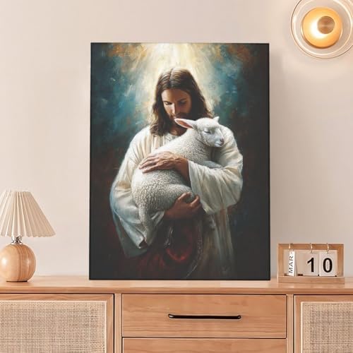 Jesus and Lamb Wall Decor Pictures Jesus with Lamb Wall Art Religious Christian Canvas Prints Painting God Faith Artwork Decoration for Bathroom Bedroom Living Room Framed Gifts 20"x24"
