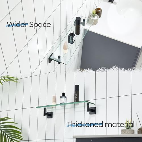 KOKOSIRI Bathroom Shelves Glass Floating Shelf 20-Inch for Bedroom Living Room Kitchen Hanging Rack Rustproof Wall Mounted Black 2 Pack B1105BK-L20-P2